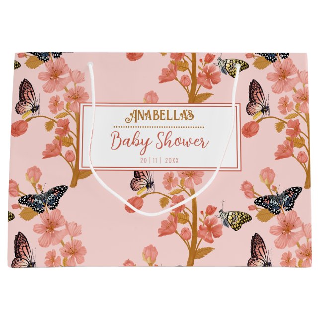 Whimsical Pink Boho Butterfly Girl Babydusche Große Geschenktüte (Vorderseite)