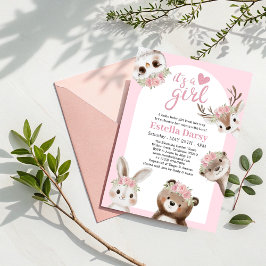 Whimsical Pink Boho Woodland Girl Baby Dusche Einladung