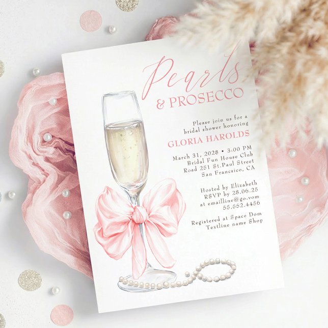 Whimsical Pink Bow Pearls & Prosecco Bridal Shower Einladung (Pink Bow Pearls and Prosecco Elegant Romantic Bridal Shower Invitation)