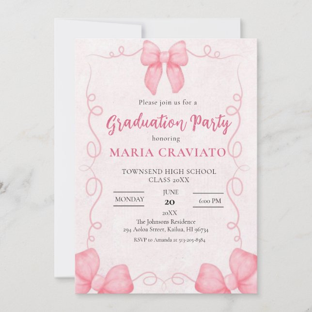 Whimsical Pink Bows Frame Graduation Party Invita Einladung (Vorderseite)