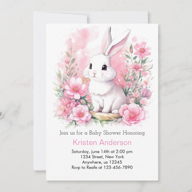 Whimsical Pink Bunny Woodland Girl Baby Dusche Einladung (Vorderseite)