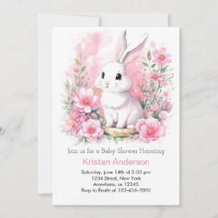 Whimsical Pink Bunny Woodland Girl Baby Dusche Einladung
