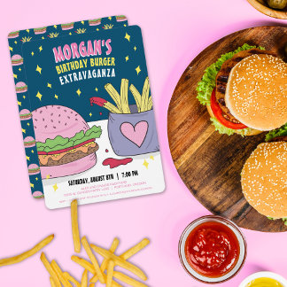 Whimsical Pink Burger and Fries Birthday Party Einladung