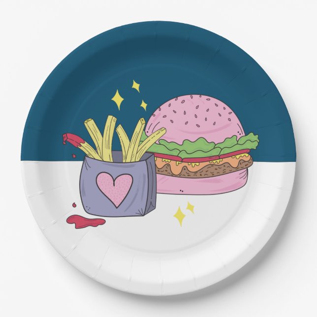 Whimsical Pink Burger and Fries Birthday Party Pappteller (Vorderseite)