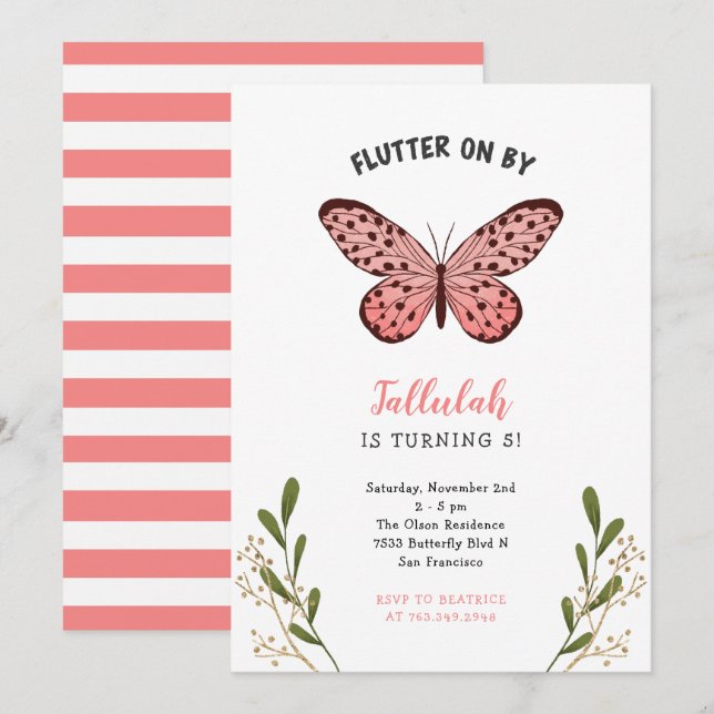 Whimsical Pink Butterfly Girl Geburtstagsparty Einladung (Vorne/Hinten)