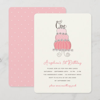 Whimsical Pink Cake Baby Girl 1. Geburtstag Party Einladung