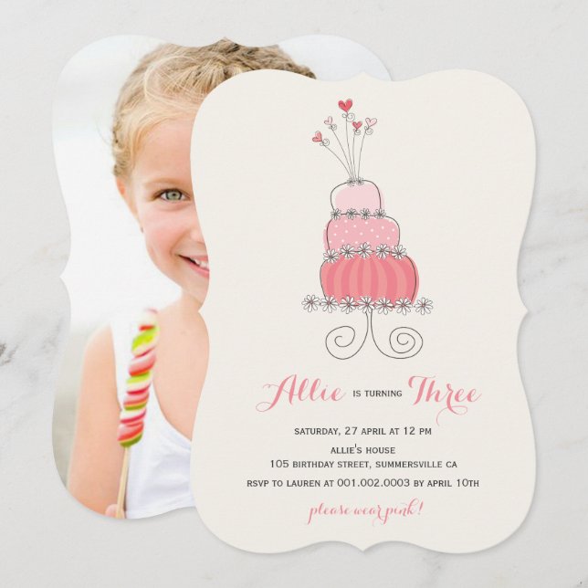 Whimsical Pink Cake Girl Invitation de fête d'anni (Devant / Derrière)