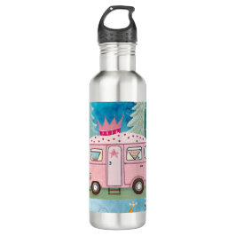 Whimsical Pink Camper Van Camping Scene Edelstahlflasche