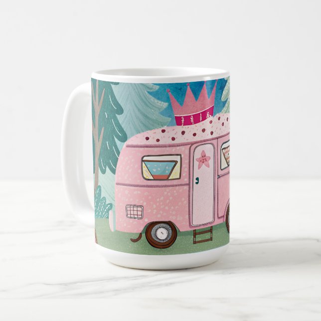 Whimsical Pink Camper Van Camping Scene Kaffeetasse (Vorderseite Links)