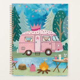 Whimsical Pink Camper Van Camping Scene Planer