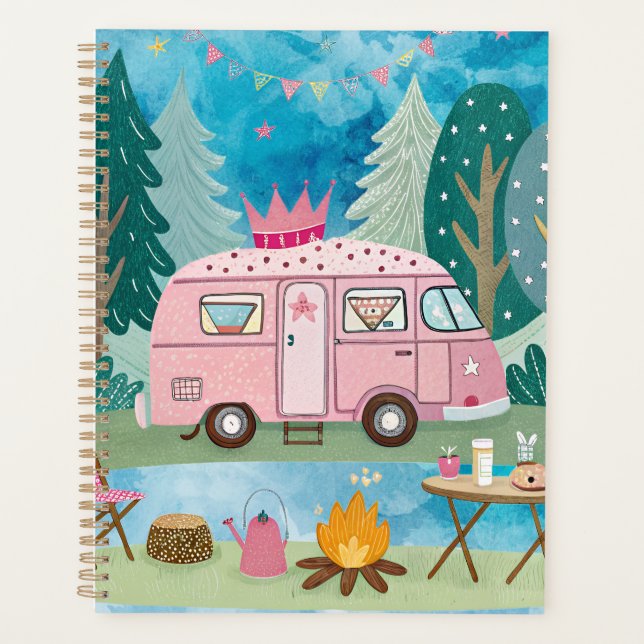 Whimsical Pink Camper Van Camping Scene Planer (Vorderseite)