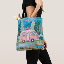 Whimsical Pink Camper Van Camping Scene