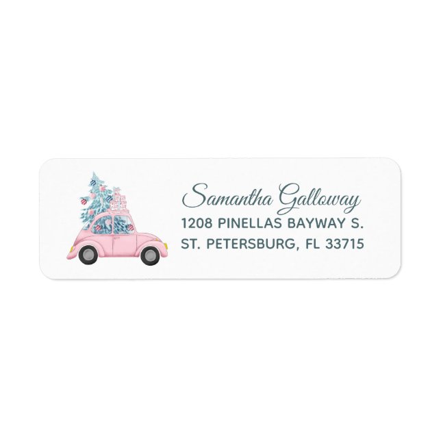 Whimsical Pink Car mit Weihnachtsbaum und Geschenk (Vorne)