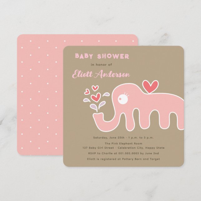 Whimsical Pink Cartoon Elephant Girl Baby Dusche Einladung (Vorne/Hinten)