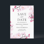 Whimsical Pink Cherry Blüten botanisch Save The Date<br><div class="desc">Weiße und elegante Ankündigung Datum freihalten mit rosafarbenen Kirschblüten und moderner Typografie. Ideal für Frühjahr- und Gartenhochzeiten. Personalisieren Sie diese Kirschblüten Ankündigung Datum freihalten Karte,  indem Sie Ihre eigenen Details.</div>