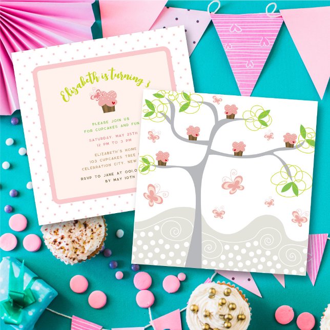 Whimsical Pink Cupcakes Tree Sweet Girl's Geburtst Einladung (Whimsical Pink Cupcakes Tree Sweet Girl's Birthday Party Invitation @ fat_fa_tin)