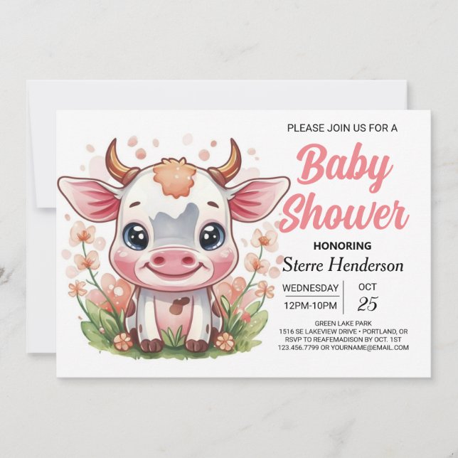 Whimsical Pink Digital Cow Baby Dusche Einladung (Vorderseite)