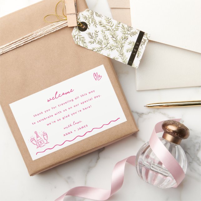 Whimsical Pink Doodle Wedding Welcome Bag Rechteckiger Aufkleber (Schenken)