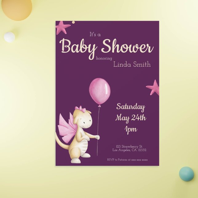 Whimsical Pink Dragon & Balloon Girl Baby Dusche Einladung (Von Creator hochgeladen)