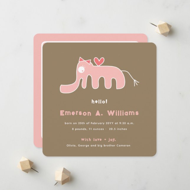 Whimsical Pink Elephant Liebe Baby Girl Foto Gebur Ankündigung (Vorderseite/Rückseite Beispiel)