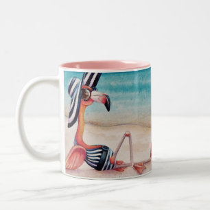 Whimsical Pink Flamingo No. 1 Wasserfarbe Kunst Zweifarbige Tasse