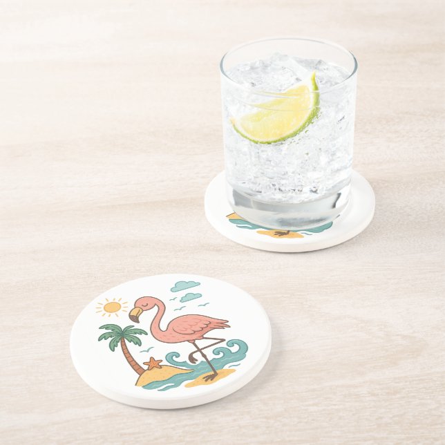 Whimsical Pink Flamingo Sandstone Untersetzer (Seite)