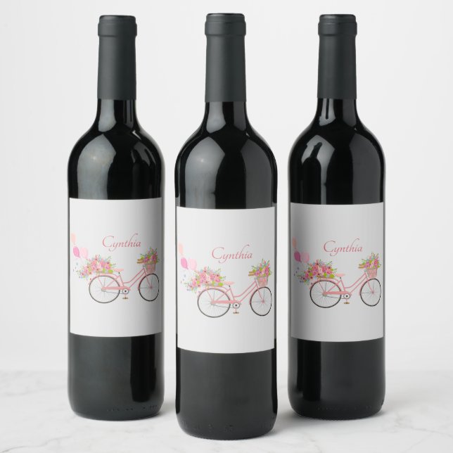 Whimsical Pink Floral Bike Personalisiert Weinetikett (Flaschen)