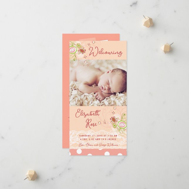 Whimsical Pink Floral Blooms Baby Girl Foto Geburt Ankündigung (Vorderseite/Rückseite Beispiel)
