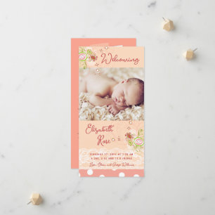 Whimsical Pink Floral Blooms Baby Girl Foto Geburt Ankündigung