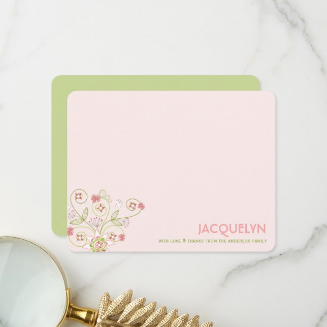Whimsical Pink Floral Blooms Chic Girl Baby Dusche Dankeskarte (Vorderseite/Rückseite Beispiel)
