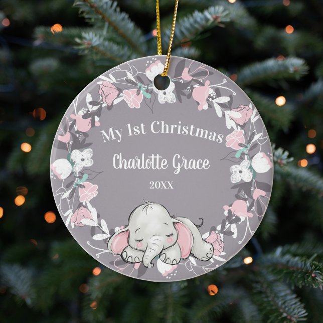 Whimsical Pink Floral Elephant Girl 1. Weihnachten Keramik Ornament (Von Creator hochgeladen)
