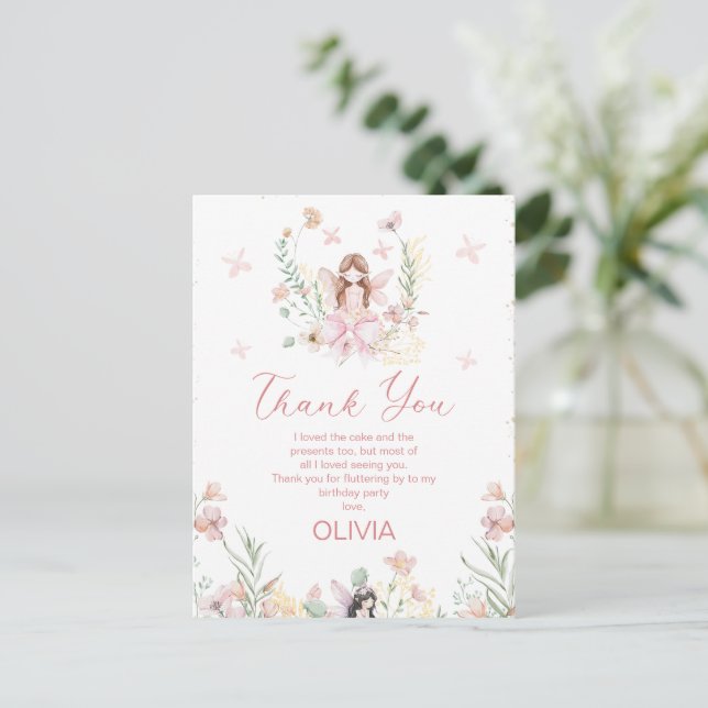 Whimsical Pink Floral Fairy First Birthday Card Postkarte (Stehend Vorderseite)