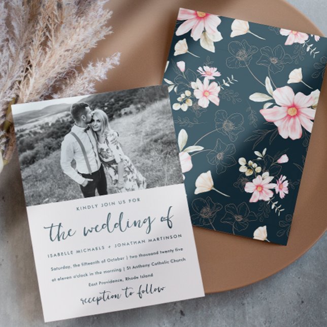 Whimsical Pink Floral Foto Wedding Blue Einladung (This whimsical blue floral wedding invitation includes one photo and pretty script with pink flowers)