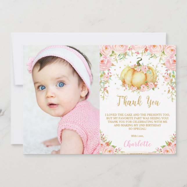 Whimsical Pink Floral Little Pumpkin Geburtstag Dankeskarte (Vorderseite)
