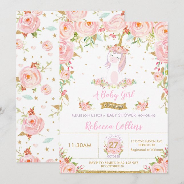 Whimsical Pink Floral Unicorn Baby Shower Girl Einladung (Vorne/Hinten)