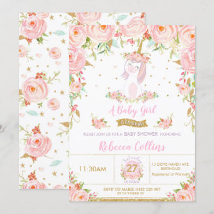 Whimsical Pink Floral Unicorn Baby Shower Girl Einladung