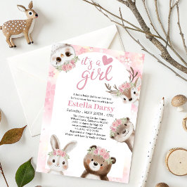 Whimsical Pink floral Woodland Girl Baby Dusche Einladung