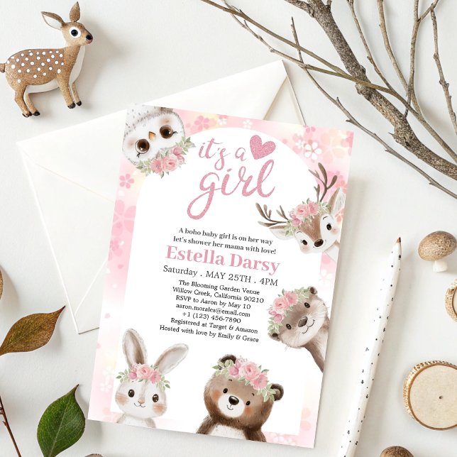 Whimsical Pink floral Woodland Girl Baby Dusche Einladung (Von Creator hochgeladen)