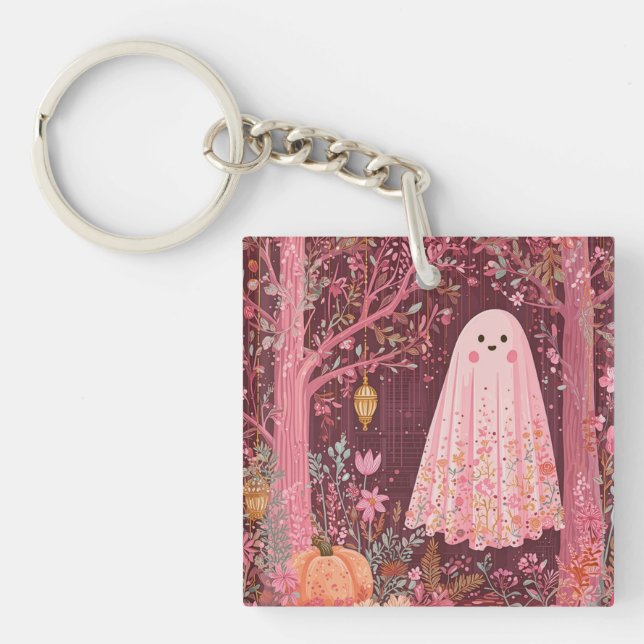 Whimsical Pink Ghost im verzauberten Blumenwald Schlüsselanhänger (Vorderseite)