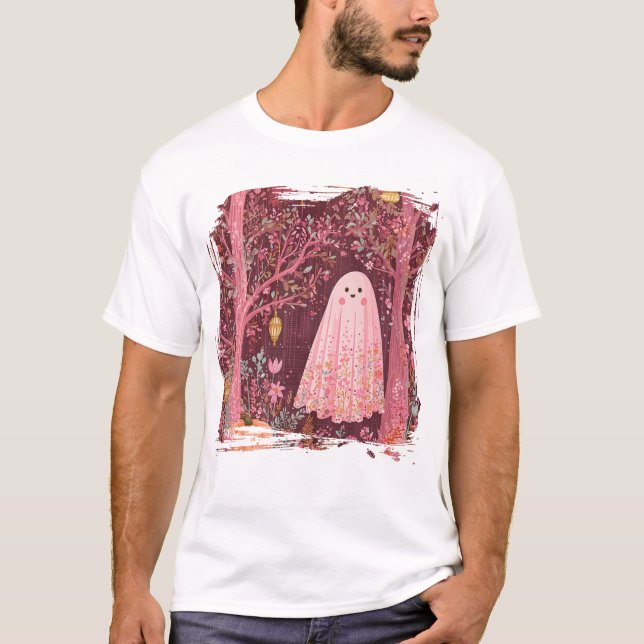 Whimsical Pink Ghost im verzauberten Blumenwald T-Shirt (Vorderseite)