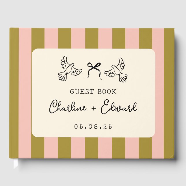 Whimsical Pink Green Striped Scribble wedding Gästebuch (Vorderseite)