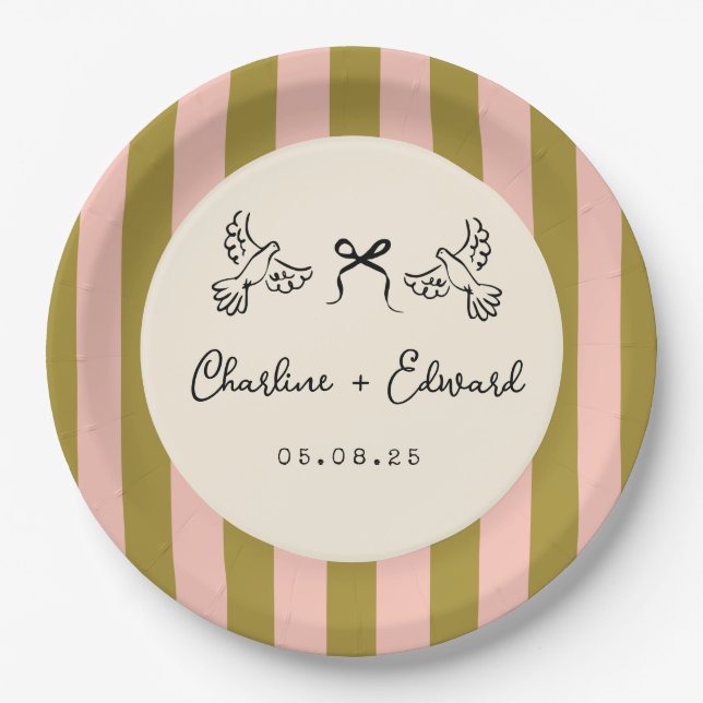 Whimsical Pink Green Striped Scribble wedding Pappteller (Vorderseite)