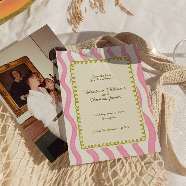 Whimsical Pink & Green Wedding Save the Date Einladung (Von Creator hochgeladen)