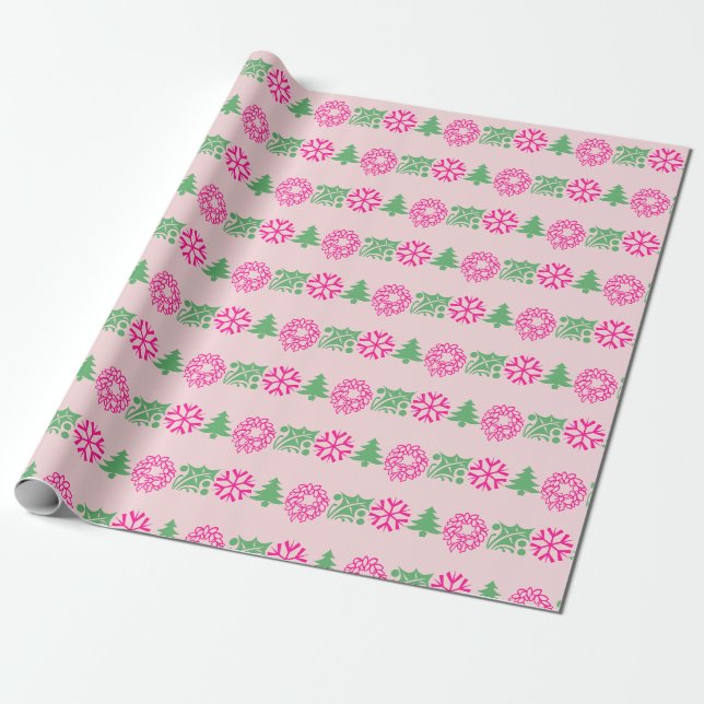 Whimsical Pink & Green Weihnachtsbaum Holly Wreath Geschenkpapier (Ungerollt)