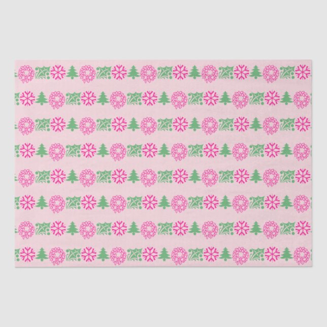 Whimsical Pink & Green Weihnachtsbaum Holly Wreath Seidenpapier (Vorderseite)