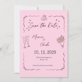 Whimsical Pink Hand Drawn Illustrated Wedding Save The Date