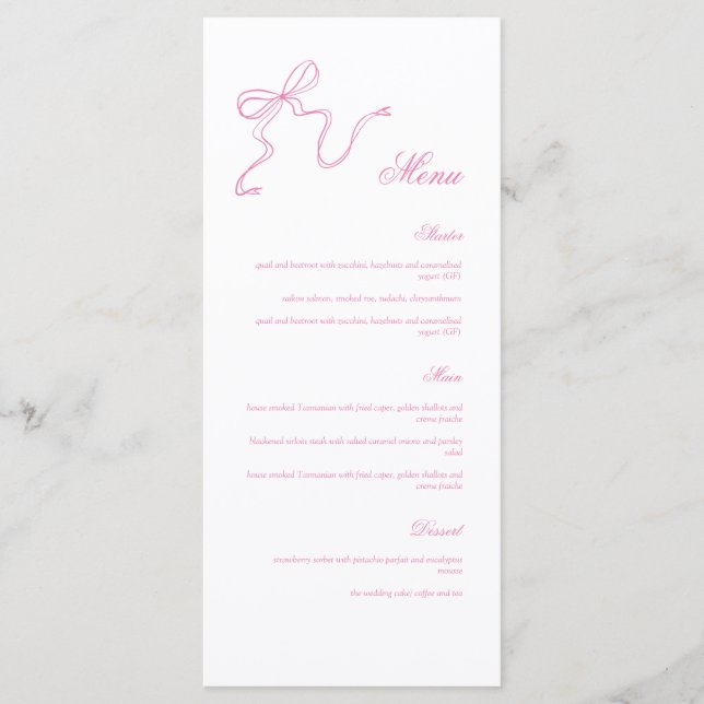 Whimsical Pink Hand gezeichnete Bow Baby Dusche Me Menükarte (Vorderseite)