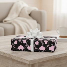 Whimsical Pink Heart Doodles Love Script Geschenkpapier