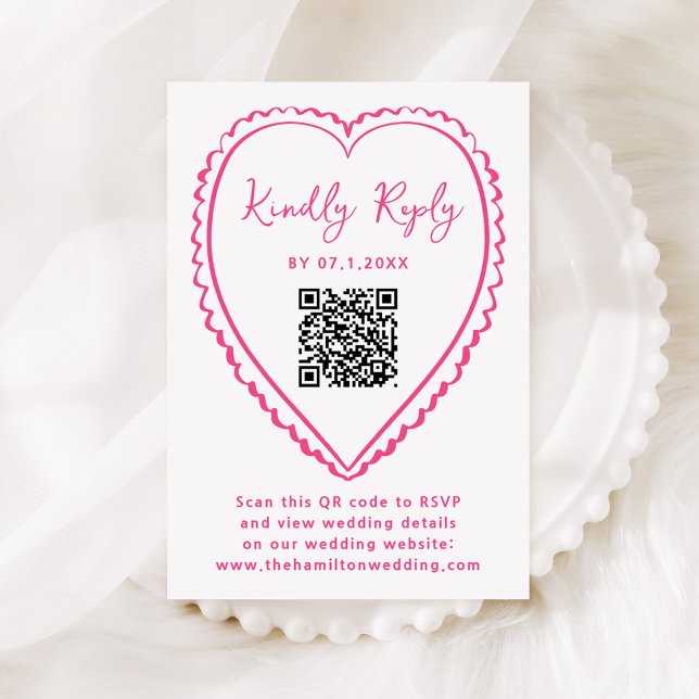 Whimsical Pink Heart QR Code Wedding RSVP Karte (Von Creator hochgeladen)