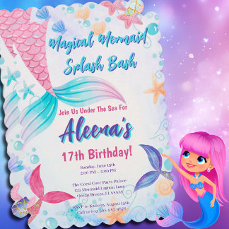 Whimsical Pink Mermaid Schwanz 17. Geburtstag Einladung